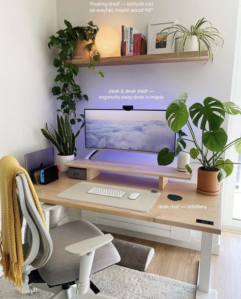 Plant Shelf Over Desk, Two Desks In Bedroom, Office Desk Shelf, Desk With Floating Shelves Above It, Desk With 2 Monitors Home Office, Corner Office Space In Bedroom, Minimalist Office Ideas, Gaming Setup Simple, Home Office Ideas For Small Spaces