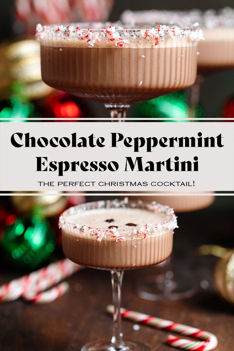 This Chocolate Peppermint Espresso Martini tastes like a boozy peppermint mocha and it's the perfect Christmas cocktail for Christmas Eve or any holiday party! It's made with creamy Bailey's and easy homemade syrup. Holiday Drinks Alcohol Christmas Easy, Peppermint Espresso Martini, Christmas Themed Drinks, Peppermint Cocktail, Baileys Cocktails, Peppermint Vodka, Peppermint Martini, Christmas Martini, Christmas Drinks Alcohol