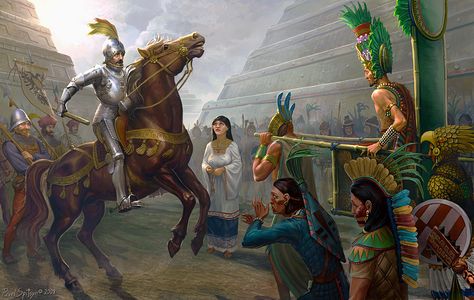 Collision of the worlds by CG-Zander.deviantart.com on @DeviantArt Aztec Empire, Spanish Conquistador, Historical Illustration, Aztec Culture, Aztec Warrior, Aztec Art, Knight Art, Mexican Culture, Indigenous Art