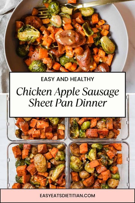 This fall harvest chicken apple sausage sheet pan dinner is not only a great meal prep lunch or dinner, but it is healthy, easy and delicious! #mealprep #fallsheetpandinner #falldinner #easydinner #fallrecipes #sheetpan #sheetpanmeal #sheetpandinner #mealprepideas #healthymealprep #fallveggies Chicken Apple Sheet Pan Dinner, One Pan Lunch Ideas, Easy Meals To Meal Prep, Bruschetta Chicken Sheet Pan Dinner, Dinner Recipes Fall Easy, Healthy One Pan Meal Prep, Fall Sheet Pan Dinners Sausage, Chicken Apple Sausage Sweet Potato, Fall Healthy Lunch