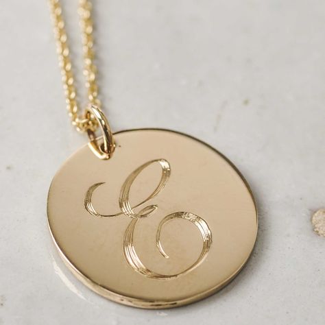 Gold Engraved Necklace, Gold Coin Pendant, Baguette Diamond Necklace, Gold Initial Pendant, Engraved Initials, Engraved Pendant, Coin Pendant Necklace, Gold Disc, A Script