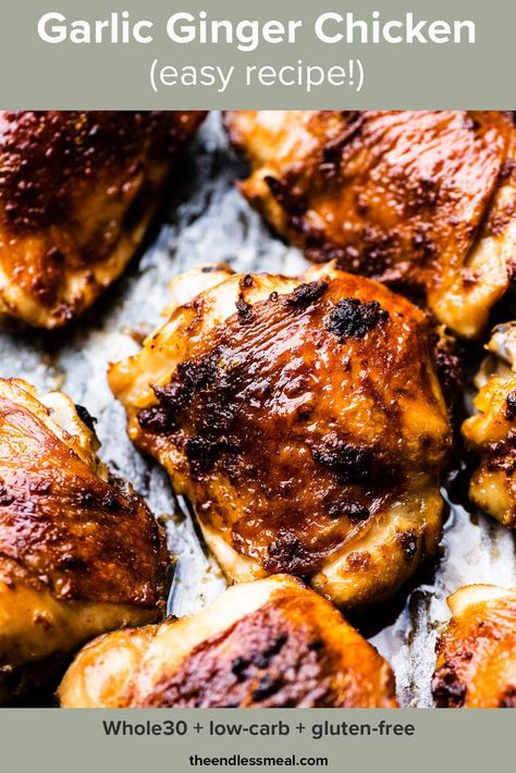 #PIN TO SAVE FOR LATER! Garlic ginger chicken is a super simple and flavorful chicken recipe. Coconut oil, ginger, and garlic coat the thighs, then they're baked until tender, juicy, and delicious. It's a sugar-free family favorite recipe! #theendlessmeal #chicken #chickenrecipes #garlicchicken #gingerchicken #gingerrecipes #garlicrecipes #keto #ketorecipes #lowcarb #lowcarbrecipes #whole30 #whole30recipes #paleo #paleorecipes #healthyrecipes #familyrecipes #ginger #garlic Recipes Using Ginger, Garlic Ginger Chicken, Ginger Chicken Recipes, Carb Dishes, Juicy Baked Chicken, Bake Chicken, Chicken Easy, Rice Side Dishes, Ginger Chicken