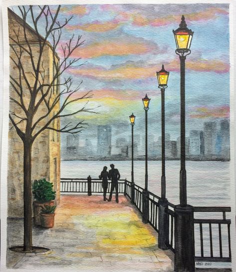 This watercolor painting is available for purchase on Etsy.  It features a young couple enjoying the city view at sunset.  $35 Couple Scenery Drawing, Sky View Painting, City View Drawing, Couple Watercolor Painting, City Scene Painting, Pink And Blue Sky, Watercolor Painting Easy, Easy Scenery Drawing, Landscape Painting Watercolor