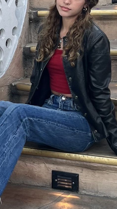 Black Leather Jacket With Red Top, Red Outfit With Jeans, Black Crop Jean Jacket Outfit, Outfits With A Black Leather Jacket, Red Tube Top Outfit With Jacket, Baggy Jeans Autumn Outfit, Cropped Red Leather Jacket Outfit, Leather Jacket Outfit School, Jeans With Leather Jacket Outfit