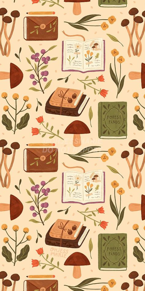 A whimsical print for book lovers and nature lovers. Drawings of books, nature journal, and book stacks paired with woodland flowers and mushrooms. Bookish art | Book pattern | Nature pattern | Book lover home decor | Mushrooms home decor | Mushrooms art | Forest art | Woodland aesthetic | Book aesthetic | Flowers pattern #literarygifts #books #homedecor Lovers Drawings, Flowers And Mushrooms, Books Nature, 동화 삽화, Woodland Flowers, Whatsapp Wallpaper, Book Wallpaper, Cute Patterns Wallpaper, Nature Journal