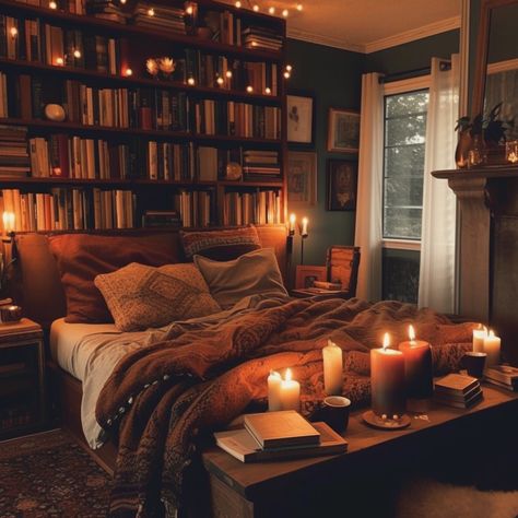 Fall Aesthetic Bedroom Ideas, Fall Bedroom Aesthetic Autumn, Cozy Library Bedroom Aesthetic, Halloween Guest Bedroom, Fall Aesthetic Room Ideas, Fall Bedroom Aesthetic Cozy, Fall Inspired Bedroom Cozy, Vintage Fall Bedroom Decor, Autumnal Bedroom Decor