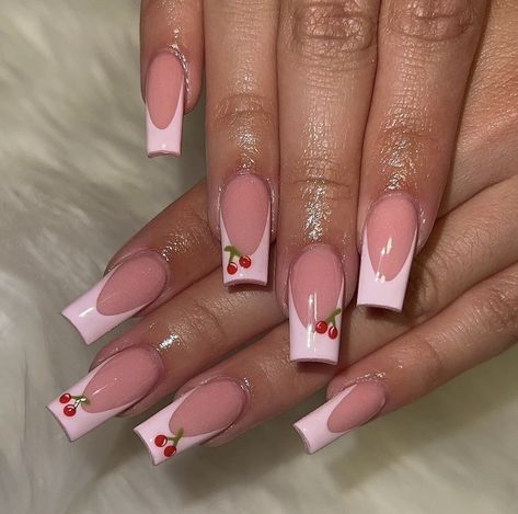 Feminine Acrylic Nail Designs, Pink French Tip Nails With Cherries, French Tip Acrylic Nails Cherry, Pink French Tip Cherry Nails, Cherry Design Acrylic Nails, Almond Acrylic Nails Cherry, Pink French Tip With Cherries, Light Pink Cherry Nails, Cherry On French Nails