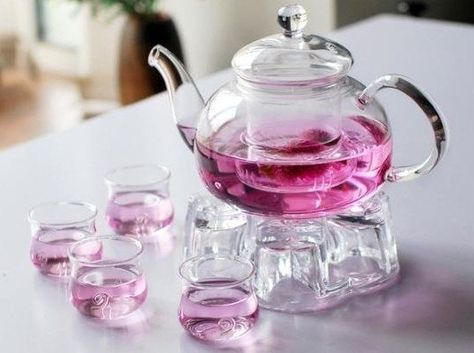 Pretty Glassware, Infused Drinks, Glass Tea Pot, Asian Party, Glass Tea Set, Candle Pot, Asian Tea, Chinese Tea Set, Blooming Tea