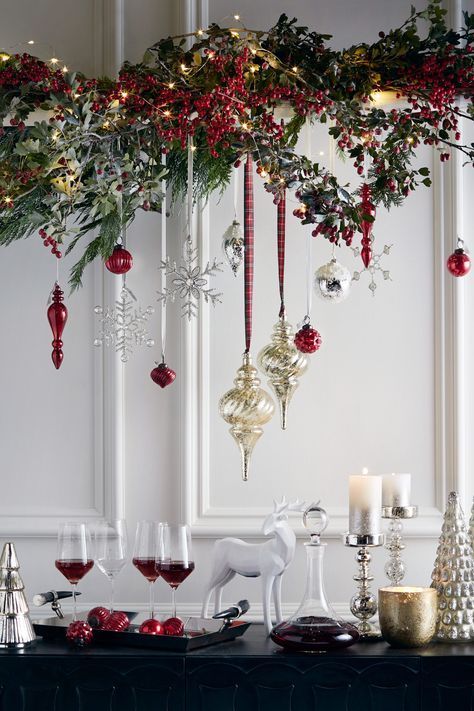 Drop Ceiling Decor, Elegant Exterior Christmas Decorations, Tasteful Holiday Decor, Classy Traditional Christmas Decor, Over Table Christmas Decorations, Opulent Christmas Decor, Regal Christmas Decor, Christmas Shop Decor Ideas, Christmas Decor Hanging From Ceiling