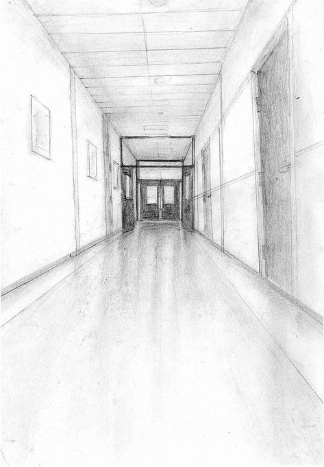 1 Point Perspective Hallway, Hallway Reference Drawing, Door Perspective Drawing, School Hallway Drawing Reference, Perspective Hallway Drawing, One Point Perspective Drawing Hallway, Long Hallway Drawing, Sidewalk Drawing Reference, Creepy Hallway Drawing