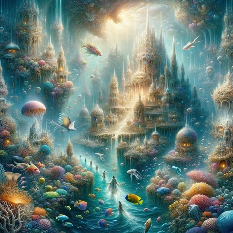 Fantasy Ocean Kingdom, Underwater Kingdom Fantasy Art, Feimo Deviantart, Underwater Kingdom, Underwater City, Floor Wallpaper, Fantasy Background, Fantasy City, Mermaid Theme