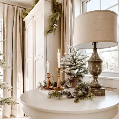 Tables With Lamps Decor, Farmhouse Living Room Table, Fringe Tree, Distressed Table, Holly House, Elegant Table Lamp, Ornament Garland, Table Lamps Living Room, Mercury Glass Ornaments