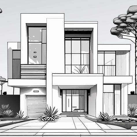 Modern House Architecture Design Sketch, Architectural House Sketch, Perspective House Sketch, House Drawings Aesthetic, Elevation Designs For House Modern, Architectural Design Sketch, Drawing Of House Sketches, Modern Building Sketch, Perspective Sketches Architecture