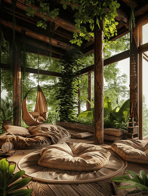 Boho Treehouses: Meditation Space with Floor Cushions and Lush Greenery Treehouse Living Room, Cozy Treehouse Aesthetic, Luxury Treehouse Interior, Boho Design Living Room, Art Made With Nature, Tree Inside House Interiors, Forest Green Room Ideas, Room Ideas Forest, Nature Home Aesthetic