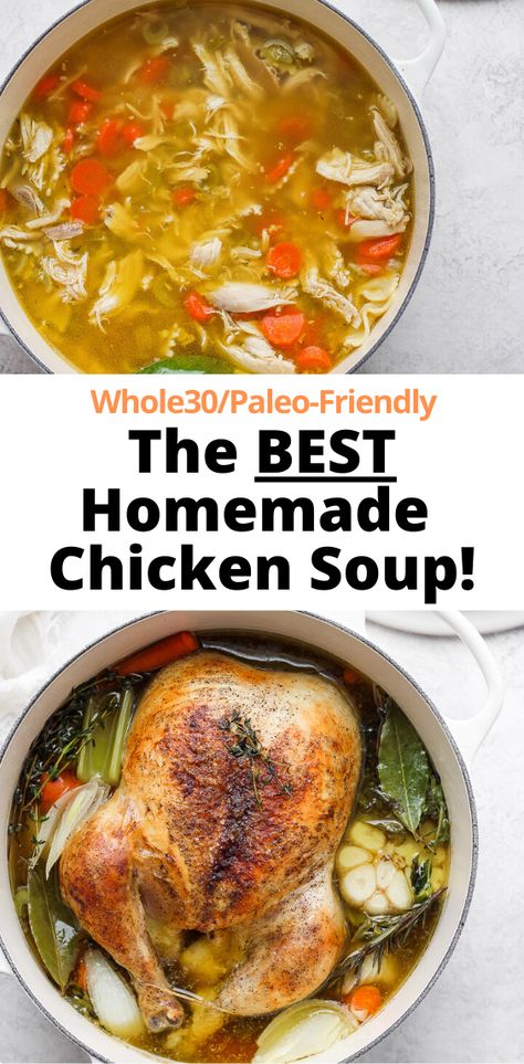 Roasted Chicken Soup, Whole Chicken Soup, Roast Chicken Soup, Best Chicken Soup Recipe, Whole 30 Soup, Chicken Soup Recipes Homemade, Wooden Skillet, Best Roasted Chicken, Homemade Chicken Soup