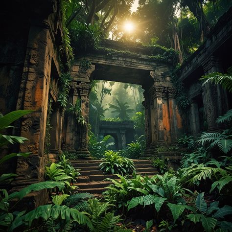 Enigmatic Ruins: Ancient Mysteries in Otherworldly Jungle,  on ArtStation at https://www.artstation.com/artwork/xDanE1 Ancient Jungle Ruins, Jungle House Concept Art, Jungle Temple Concept Art, Concrete Jungle Aesthetic, Ancient Ruins Concept Art, Jungle Fantasy Art, Scary Jungle, Jungle Castle, Aztec Jungle