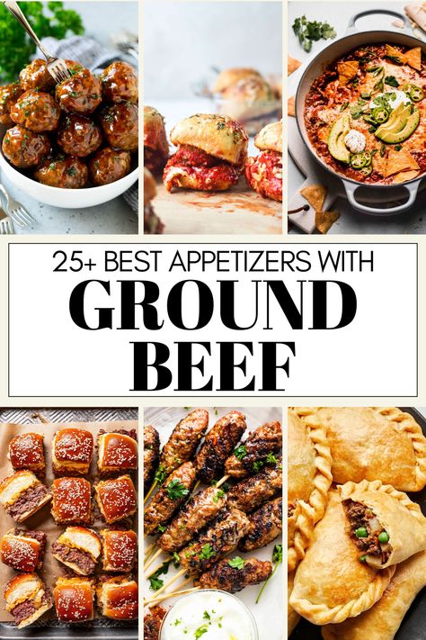 Enjoy browsing this collection of 25+ Ground Beef Appetizers, where ground beef takes center stage in these mouth-watering recipes. From sweet and sour homemade meatballs to flaky hand pies, these recipes are sure to be crowd pleasers! Whether you're hosting a party or looking for a tasty snack for game day, get ready to find your new favorite appetizer! Game Day Food With Ground Beef, Appetizer Using Ground Beef, Ground Beef Party Food Appetizers, Ground Beef Finger Food Recipes, Mini Meat Appetizers, Finger Foods With Meat, Appetizer Recipes With Ground Beef, Hamburger Meat Appetizer Recipes, Meatball Finger Food