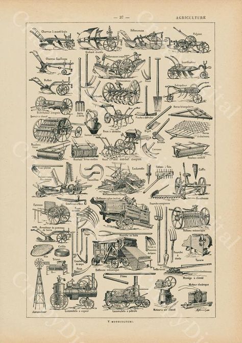 Homestead Equipment, Antique Posters, Agriculture Tools, French Illustration, Agricultural Tools, French Dictionary, Vintage Foto's, Dictionary Book, Woodworking Tools Storage