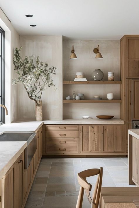 Beech Wood Cabinets Kitchens, Modern House Materials, Modern Wood Kitchen Cabinet, Kitchen With White And Wood Cabinets, Kitchen Inspo 2024, Organic Kitchen Backsplash, Kitchen Style Ideas Modern, Modern Wood Cabinets Kitchen, Cabinets White And Wood