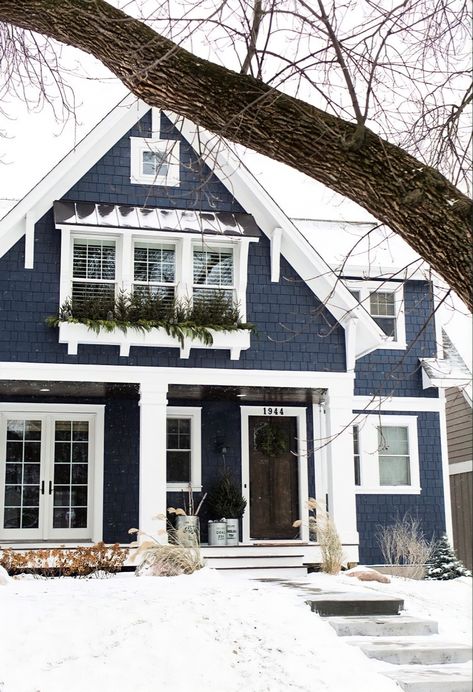 This beautiful home is showcased on my Insta for the number #fonts #home #exterior #exteriorhousecolors #portland #oregon #bluehomedecor #bluehome #outside #exteriordesignhome #exteriordesignideas Dark Blue House Exterior, Dark Blue Houses, Best Exterior House Paint, Farmhouse Style Exterior, Exterior Gray Paint, Bria Hammel, Exterior House Siding, Brown Roof, Cladding Design