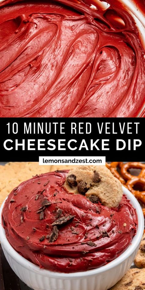 No Bake Cheesecake Dip, Red Velvet Dip, Red Food Party, No Bake Red Velvet, Lemon Zest Recipes, Red Snacks, Red Velvet Flavor, Red Desserts, Velvet Cheesecake