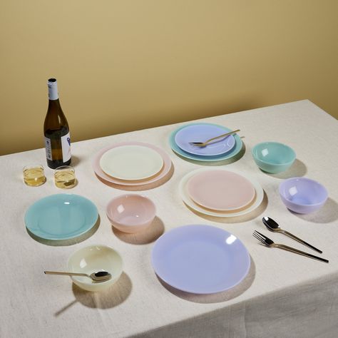 MoMA Exclusive: Add a light touch to your table with this set of pastel-colored dinnerware. They're made from opal glass, which is known for its milky look and each piece in this set of four is crafted in a different color: vanilla, peach, mint, lavender. The colors invite you to experiment with different combinations for your table settings. (Mix and match by choosing from three different sets: bowls, dinner plates and salad plates, each set sold separately.) Milk Glass Pastel Dinnerware is dishwasher- and microwave-safe. Bedroom Candles, Scarf Organization, Moma Design, Dinner Plate Set, Hosting Guests, Membership Card, Light Touch, Kitchen Equipment, Dinner Plate Sets