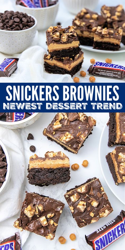 Snickers fans, you HAVE to try these! I made these decadent layered Snickers Brownies and my whole family went nuts over them! They are rich, creamy, nutty... My mouth is watering just thinking about them! Snicker Desserts, Snickers Recipes Desserts, Snickers Dessert Recipes, Desserts With Snickers Candy Bars, Snickers Brownies Recipe, Snickers Bar Brownies, Snicker Brownies Recipe, Snickers Recipes, Brownie Snickers