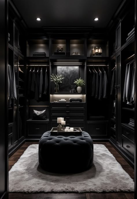 Walk in Closet Ideas Dark Luxury Walk In Closet, Black Master Closet Walk In, Closet Black Aesthetic, All Black Walk In Closet, Black And White Walk In Wardrobe, Luxury Black Closet, Black Luxury Closet, All Black House Interiors Bedroom, Black And Gold Walk In Closet