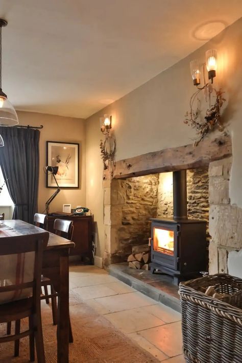 Dining Room With Log Burner, Stone Fireplace Cottage, Cottage Log Burner, Modern Inglenook Fireplace, Cotswold Fireplace, Inglenook Fireplace Ideas, Country House Fireplace, Modern Farmhouse Fireplace Decor, Business Decor Ideas