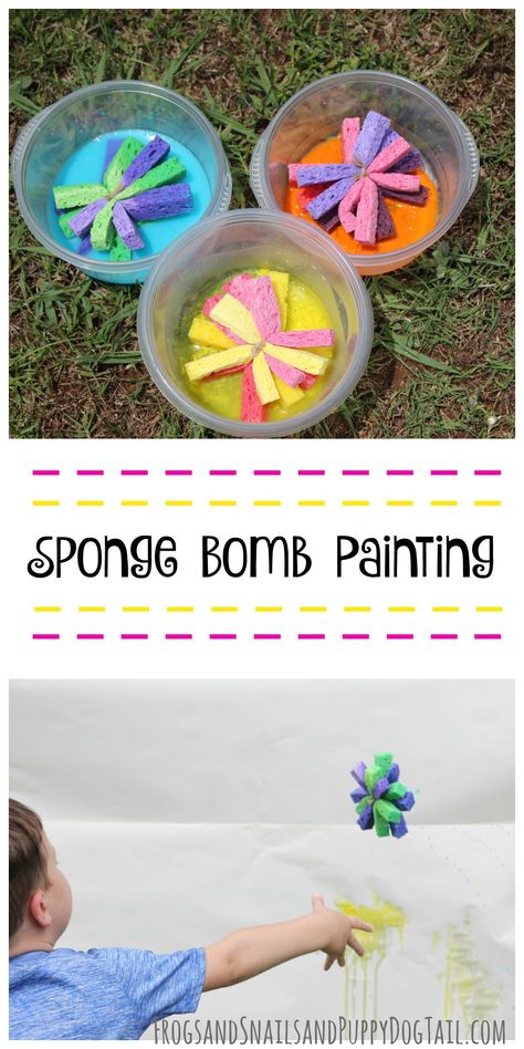 Sponge Bomb Painting for kids. Fun sensory art activity idea for kids. Messy Day Activities For Kids, Kids Sensory Play, Drawing Videos For Kids, Kids Painting Crafts, Messy Crafts, Sensory Art, Messy Art, Art Projects For Kids, Painting Activities