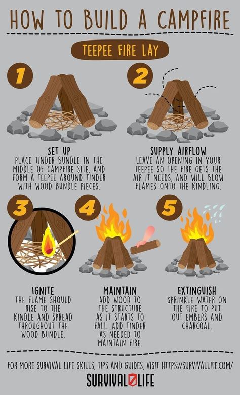 Survival Guide Illustration, Build A Campfire, Survival List, Survival Preparedness, Survival Skills Emergency Preparedness, Camping Inspiration, Emergency Survival Kit, Survival Skills Life Hacks, Survival Life Hacks