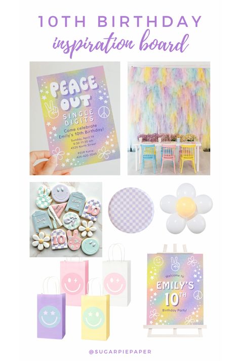 Looking for a cute 10th birthday party theme for girls? This peace out single digits I'm 10 kids birthday theme idea is so adorable! Your daughter will love this 10th birthday party theme - explore our collection of peace out single digits party decor, printable 10th birthday party invitations and cute 10th birthday party decor ideas here! Birthday Party Themes For 10 Yr Girl, 10 Bday Party Ideas Girl, Ideas For 10th Birthday Party Girl, 10 Is A Vibe Birthday, 10th Birthday Party Themes For Girl, 10th Birthday Ideas Girl, 10th Bday Party Ideas, Party Ideas For 10 Year Girl, 10th Birthday Party Ideas Girl