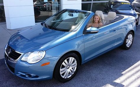 Jessica in her beautiful, new, light blue #Eos #convertible -- Welcome to the #DavidMausVWSouth Family! -- Have fun! #VWEos #Volkswagen #WhateverItTakes Volkswagen Eos Komfort, Volkswagen Eos Convertible, Blue Convertible Car, Light Blue Convertible, Car Manifestation, Light Blue Car, Blue Convertible, Rabbit House, Volkswagen Eos