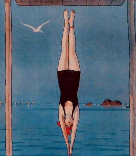 Art Deco Photography, Vintage Swimmer, Elegant Magazine, Swimming Posters, Art Deco Illustrations, Beach Illustration, Vintage Swim, Sea Art, Art Deco Era