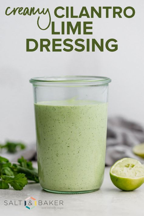 This easy creamy cilantro lime dressing is perfect to top on salads or sweet pork. This is a delicious Cafe Rio copycat creamy tomatillo dressing. #saltandbaker #caferio Cafe Rio Dressing, Cilantro Lime Ranch Dressing, Cilantro Lime Dressing Recipe, Spicy Ranch, Chipotle Ranch, Cafe Rio, Cilantro Dressing, Sweet Pork, Ranch Dressing Recipe