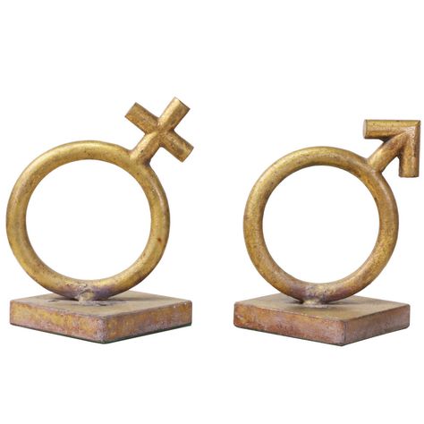 Curtis Jere Gold Leaf Sexes Symbol Sculpture Bookends | 1stdibs.com Modern Bookends, Vintage Mid Century Furniture, Curtis Jere, Vintage Bookends, Vintage Sculpture, Great Wedding Gifts, Modern And Antique, Antique Design, Male And Female