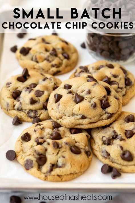 Small Batch Chocolate Chip Cookies are our family's favorite treat when we want something sweet and chocolatey. This version makes 6 perfectly sized cookies that are loaded with rich chocolate chips in a toffee-flavored cookie that is crisp around the edges and soft in the center. | small batch chocolate chip cookies chewy | small batch chocolate chip cookies easy | small batch of chocolate chip cookies | small batch chewy chocolate chip cookies | best small batch chocolate chip cookies 3 Chocolate Chip Cookies, Hand Mixed Chocolate Chip Cookies, Chocolate Chip Cookies For Two, Single Batch Chocolate Chip Cookies, Half Batch Cookies, Small Chocolate Chip Cookie Recipe, Cookies For Two, Chocolate Chip Cookie For 1, Half Dozen Chocolate Chip Cookies