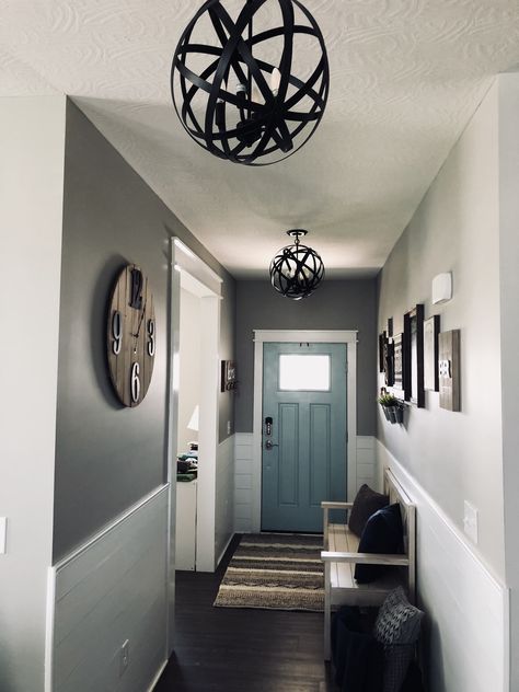 Entryway Chair Rail Ideas, Chair Rail Entryway, Updated Entryway, Shiplap Entryway, Gray Shiplap, Shiplap Walls, Renovation Diy, Entryway Ideas, Multipurpose Room