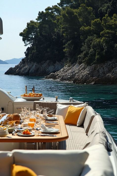 "Set sail on a private yacht in the Mediterranean! 🚤🌊 Indulge in luxury and explore stunning coastlines with personalized service and breathtaking views. 🛥️☀️ #Mediterranean #PrivateYacht #LuxuryTravel" Italian Yacht Aesthetic, Summer Yacht Aesthetic, European Yacht Aesthetic, Yacht Lunch Aesthetic, Rich Yacht Aesthetic, Vacation Luxury Aesthetic, Yacht Day Aesthetic, Yacht In Italy, South Of France Yacht