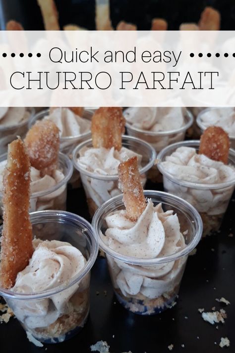 A quick and easy no bake churro parfait recipe. #parfait #dessert Easy Churro Cupcakes, Churro Dessert, Dessert Cups Recipes, Parfait Desserts, Mexican Dessert Recipes, Parfait Recipes, Birthday Desserts, Mexican Dessert, Small Desserts