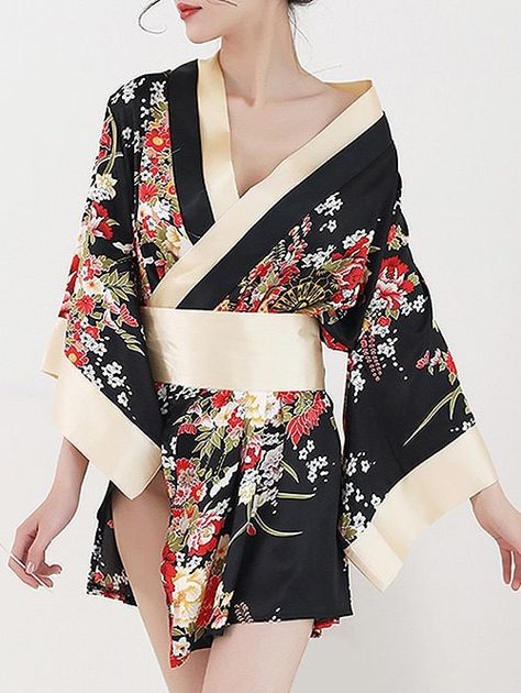 Kimono Mini Dress, Short Kimono Robe, Very Short Dress, Satin Nightwear, Kimono Floral, Kimono Outfit, Floral Print Kimono, Lingerie Costume, Fantasias Halloween