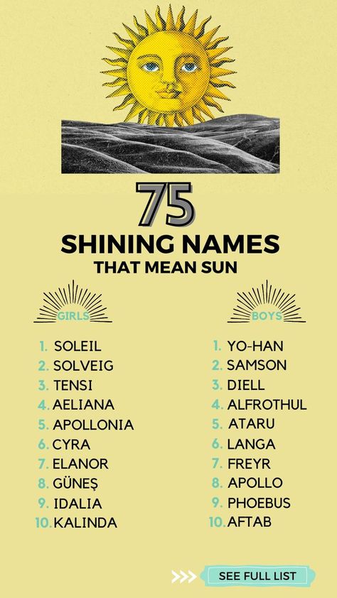 Names Meaning Sun, Names That Mean Sun, Sun Names, Last Name Meaning, Apollo 9, Boy Name Meanings, Names Meaning, Fantasy Words, Strong Names