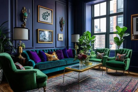 Deep Jewel Tones Color Palette, Mid Century Jewel Tones, Jewel Tone Maximalist Living Room, Modern Jewel Tone Living Room, Behr Jewel Tone Paint Colors, Jewel Tone Accent Wall, Jewel Tone Home Decor Inspiration, Jewel Toned Office, Bright Jewel Tone Color Palette