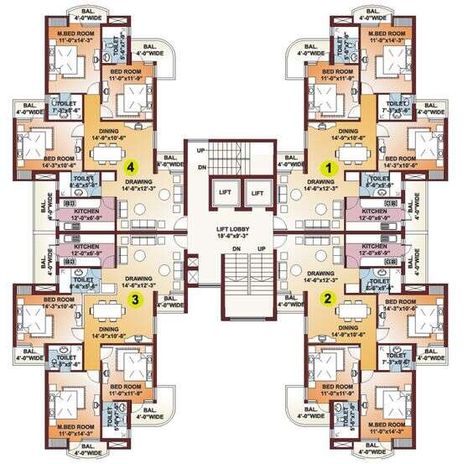 This apartment lay-out design in 4 unit for all floor, & 3 bed room, Kitchen, Dining area, drawing room etc design include the autocad file. Apartment Building Floor Plans, Building Floor Plans, High Rise Residential, High Rise Apartment, Residential Building Plan, Residential Architecture Apartment, Hotel Floor Plan, Residential Building Design, High Rise Apartments