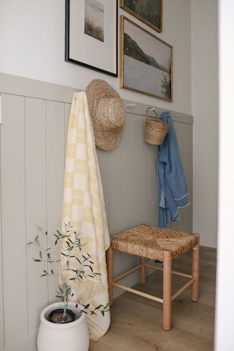 Easy Weekend Mudroom Refresh with a DIY Peg Rail and Shiplap Wall - Chelsey Freng Entryway Peg Rail, Tongue And Groove Half Wall, Bathroom Shiplap Wall, Beadboard Hallway, Diy Peg Rail, Mini Mudroom, Woven Ottoman, Peg Wall, Peg Rail