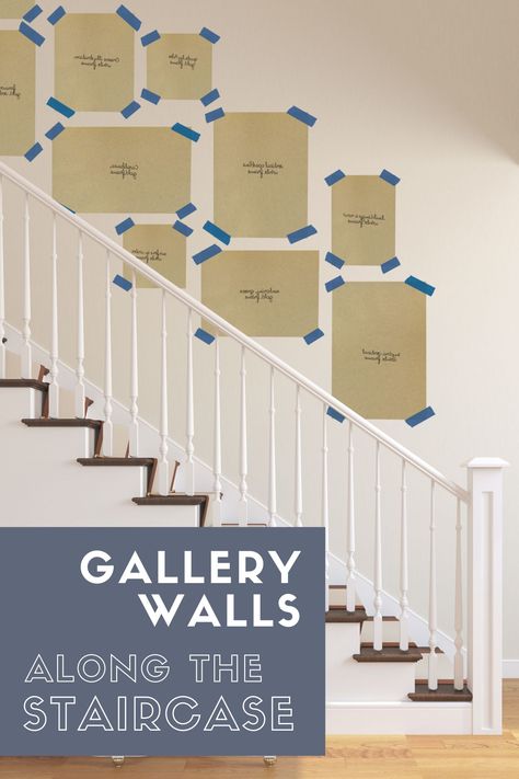 Designing a gallery wall up your staircase can be tricky. We have put together tips and tricks to create the perfect staircase gallery wall! #gallerywallstaircase #gallerywalllayout #staircasewalldecor #gallerywalls #walldecor Gallery Wall On Staircase, Stair Gallery Wall Layout, Staircase Photo Wall Layout, Staircase Gallery Wall Layout, Stairway Pictures, Staircase Gallery Wall, Foto Scale, Gallery Wall Stairs, Wall Staircase