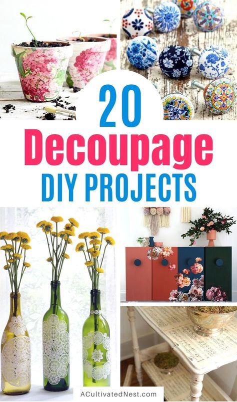 20 Creative Decoupage DIY Projects- If you want to turn your old decor into something new and beautiful, you need to check out these creative decoupage DIY projects. They're a wonderfully frugal way to update your home's decor! | #modPodge #decoupage #diyProject #craft #ACultivatedNest Diy Decoupage Plates, Mod Podge Projects, Decoupage Gifts, Diy Mod Podge, Decoupage Plates, Fabric Decoupage, Decoupage Jars, Decoupage Tutorial, Decoupage Decor