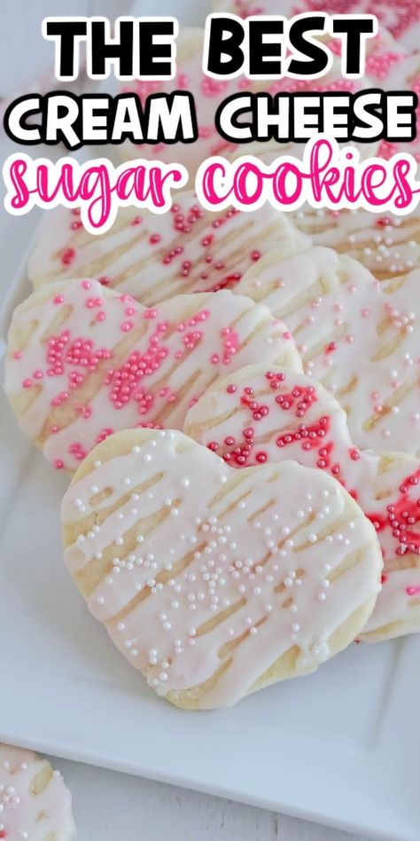 Cookies Heart Shaped, Cream Cheese Sugar Cookie Recipe, Cutout Sugar Cookie Recipe, Recipes Cream Cheese, Heart Sugar Cookies, Cookies Heart, Cream Cheese Cookie Recipe, Soft Sugar Cookie Recipe, Cream Cheese Sugar Cookies