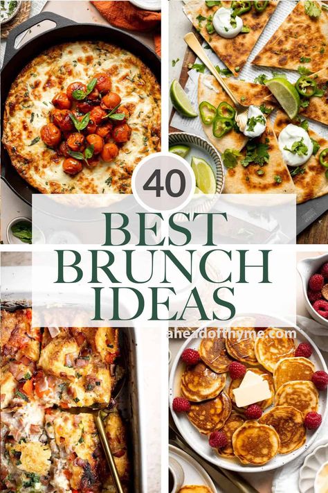 An epic brunch spread is my favorite way to start the day on a slow weekend morning. We are sharing over 40 best brunch ideas including classic breakfast staples like pancakes and scrambled eggs, to more modern recipes like avocado toast and buddha bowls, to sweet treats like French toast and cinnamon rolls. And if you're looking for vegetarian, gluten-free, or kid-friendly options, we've got a brunch recipe for you too. | aheadofthyme.com #brunchideas #brunchrecipes #brunchmen via @aheadofthyme French Style Brunch, Breakfast For Two Recipes, Sunday Brunch Menu Ideas, Hosting Breakfast Brunch Party, Classic Brunch Foods, Brunch For One, Elevated Breakfast Ideas, Brunch For Two Ideas, What To Serve For Brunch