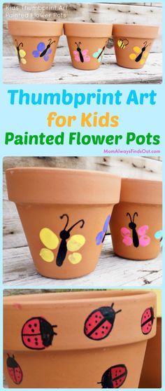 Thumbprint Art Project For Kids - Easy craft idea! Painted flower pots make cute homemade Mother's Day Gifts. Crafts Kids Thumbprint Art, Thumbprint Art For Kids, Garden Crafts For Kids, Thumbprint Art, Art Project For Kids, Fingerprint Art, Homemade Mothers Day Gifts, Preschool Craft, Flower Pot Crafts